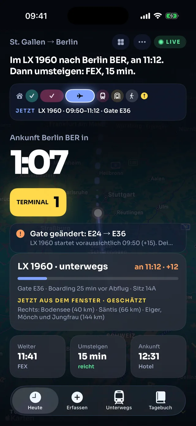 Traceflap im Flug: Ankunft Berlin BER in 1 Stunde 7, Terminal 1, danach umsteigen in den FEX