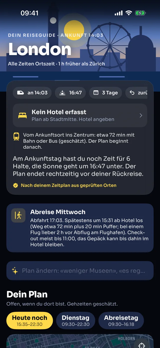 Stadtguide London: Plan für drei Tage ab Ankunft 14:03, Hinweis zur Abreise am Mittwoch